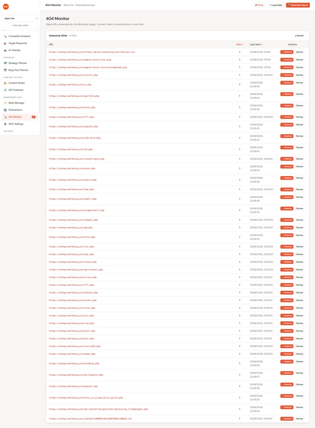 404 Monitor in platform view showing broken URLs, hit counts, referrers, and create redirect buttons