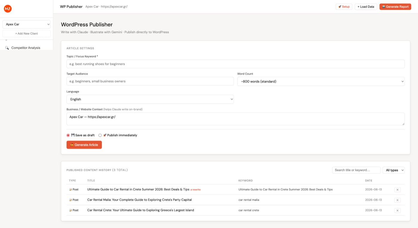 AI Article Writer (WP Publisher) showing article generation form, preview, and publish-to-WordPress controls