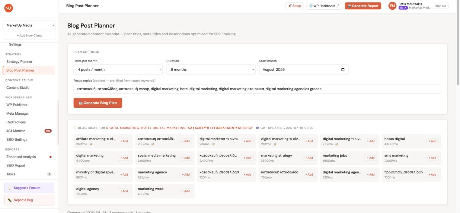Blog post planner showing monthly content calendar with post types, keywords, titles, and publish status