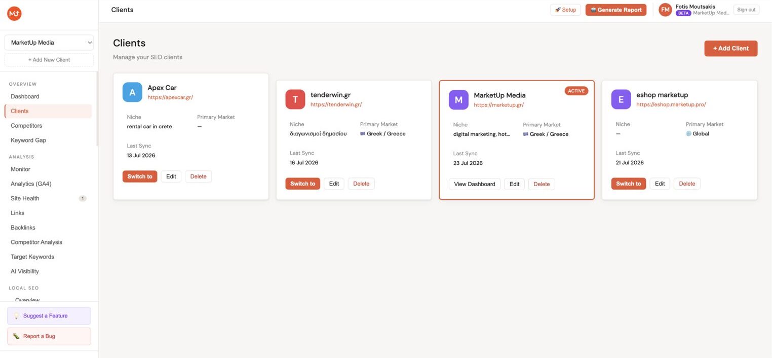 Client Portal dashboard tab showing key metrics, traffic chart, top keywords, and analytics overview