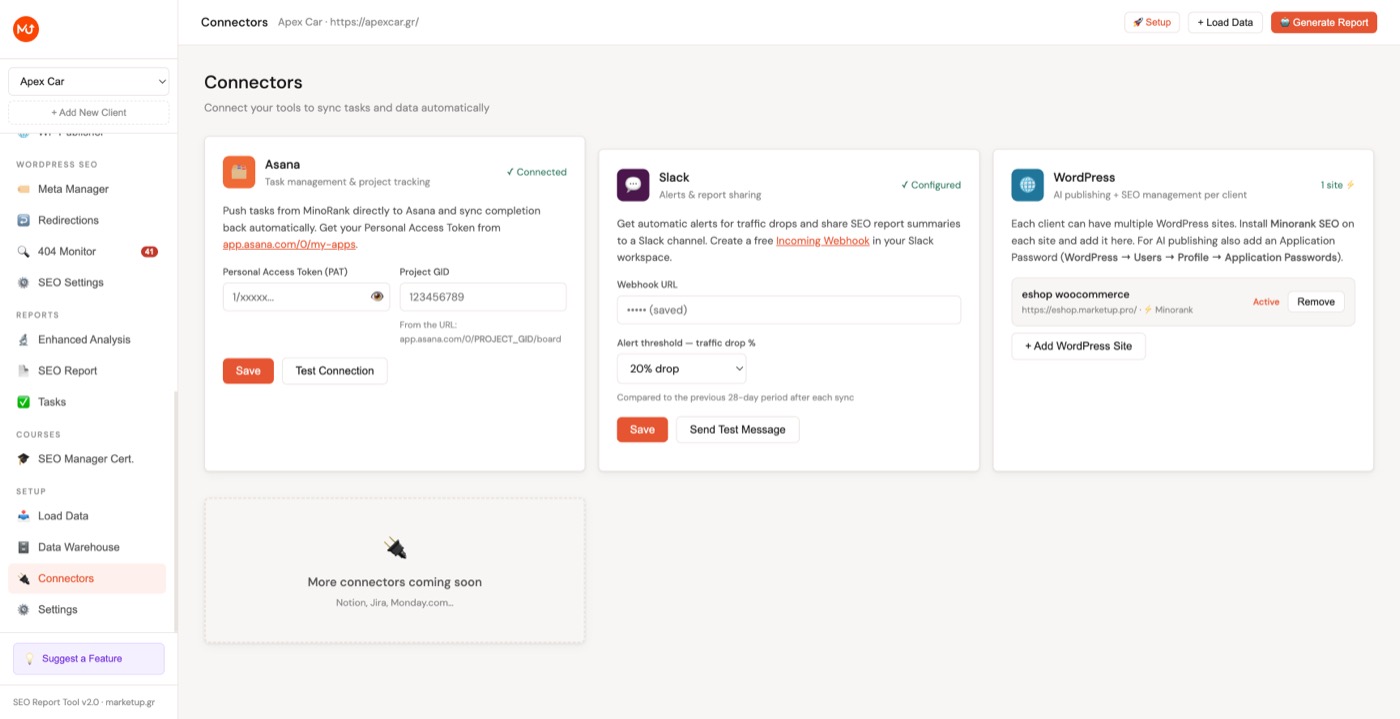 Connectors page showing Asana, Slack, and WordPress integration configuration panels