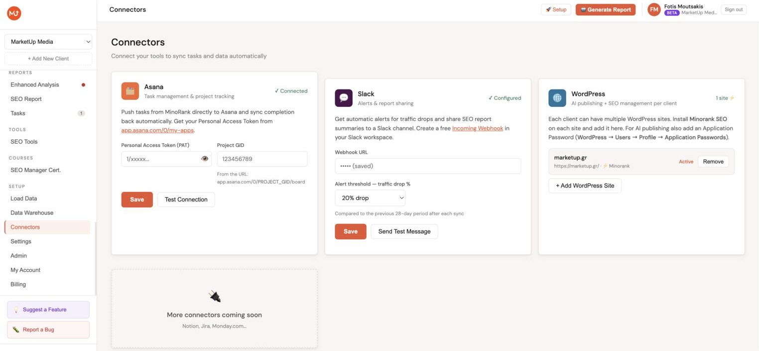 Connectors page showing Asana, Slack, and WordPress integration configuration panels