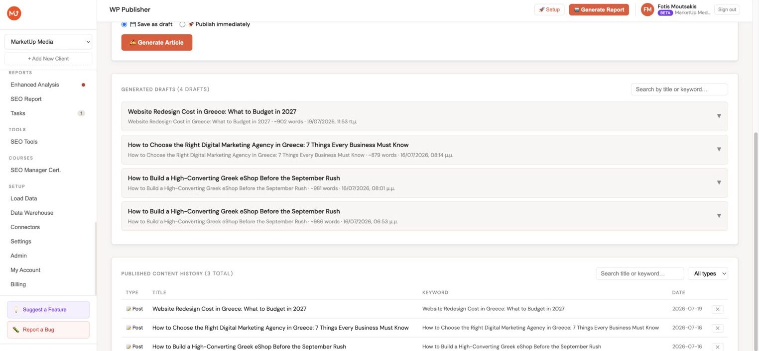 AI email draft modal showing subject line, email body with real traffic data, agency signature, and send controls