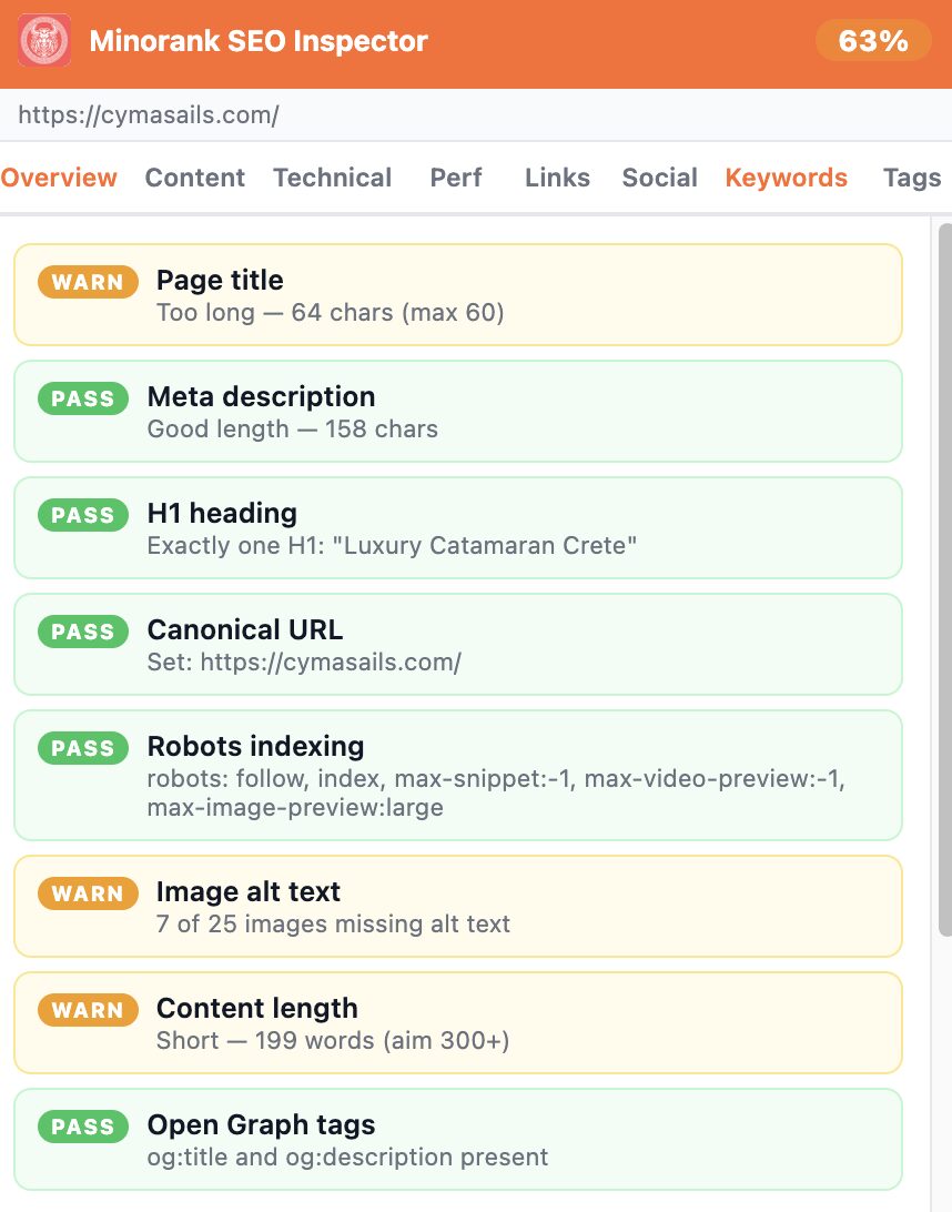 Overview tab showing pass/warn/fail SEO score