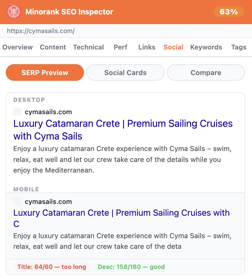 Social tab SERP preview showing desktop and mobile Google search result