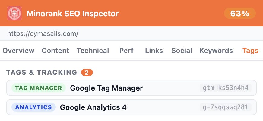 Tags tab showing Google Tag Manager and GA4 detected with their IDs
