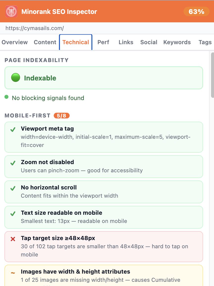 Technical tab mobile-first checks and page indexability