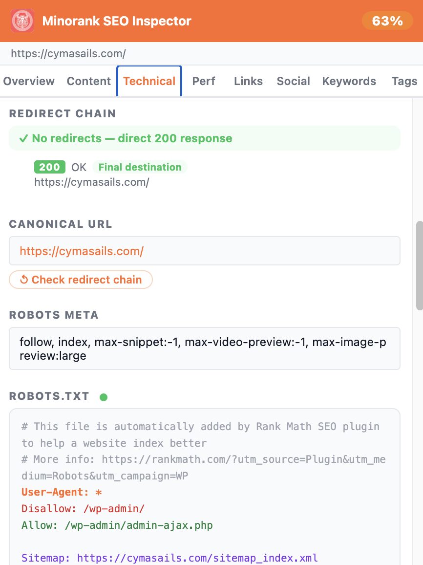 Technical tab showing redirect chain, canonical URL, and robots.txt