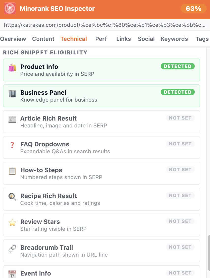 Technical tab rich snippet eligibility on a product page showing Product Info detected