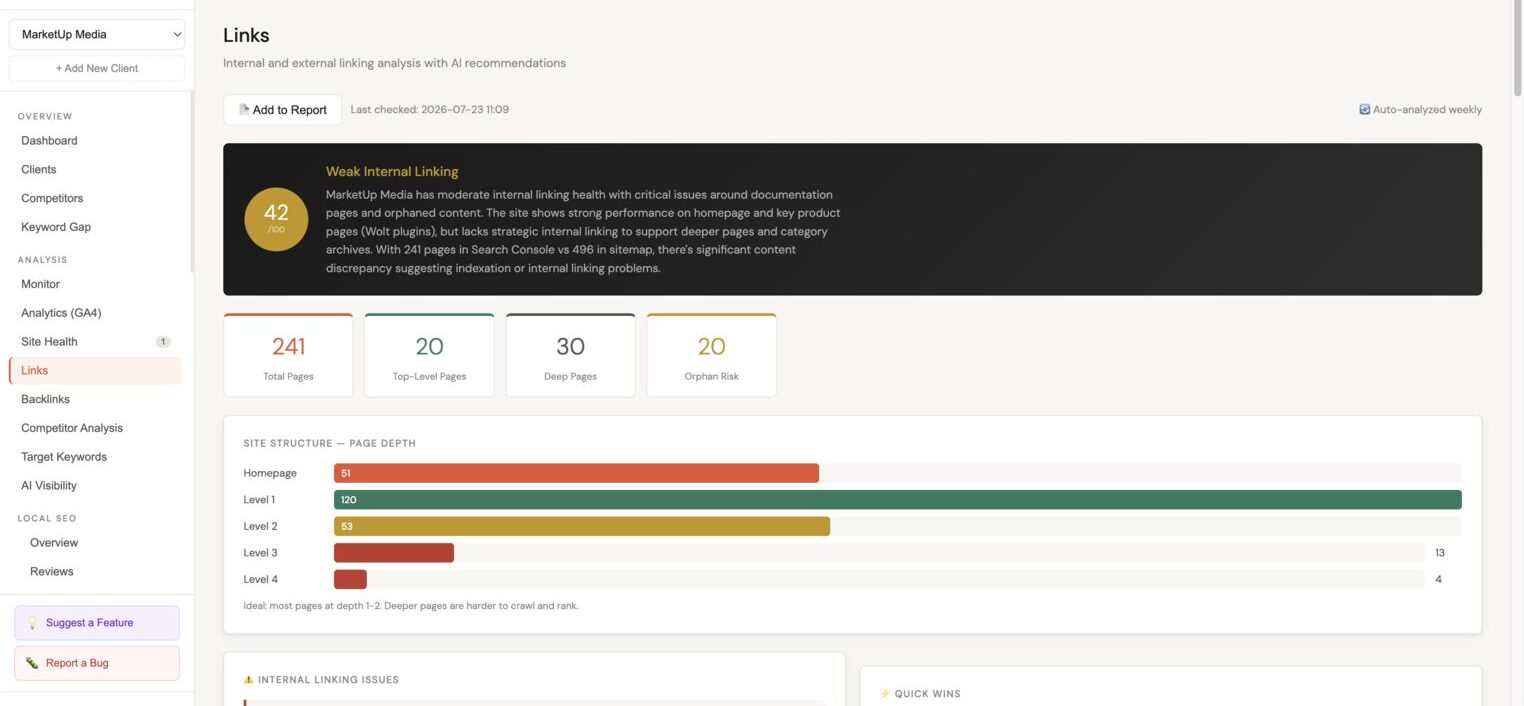 Internal links analysis showing total pages, depth distribution, orphaned pages list, and specific link recommendations