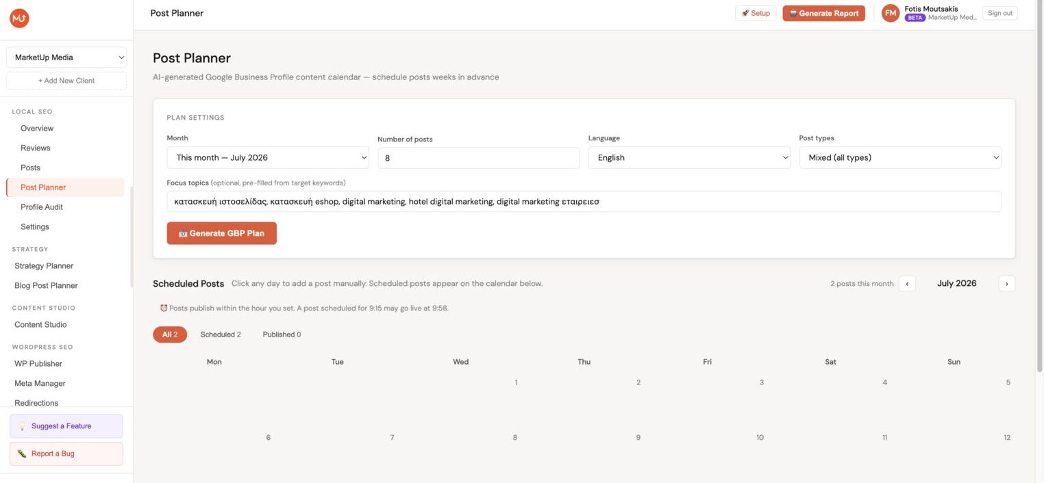 Local SEO scheduling calendar, posts shown as chips on each day, with the edit composer modal open