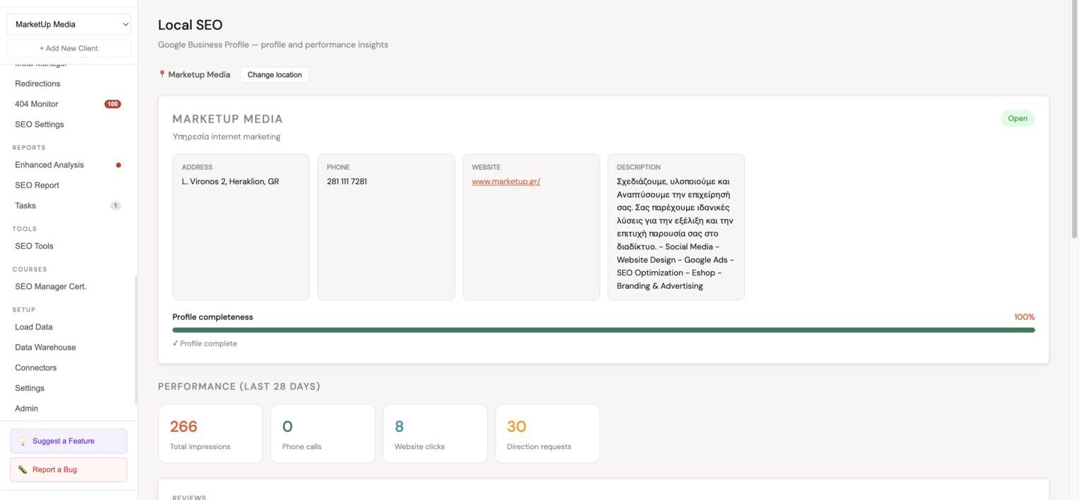 Local SEO overview, profile card, performance insights, reviews summary, and review link generator