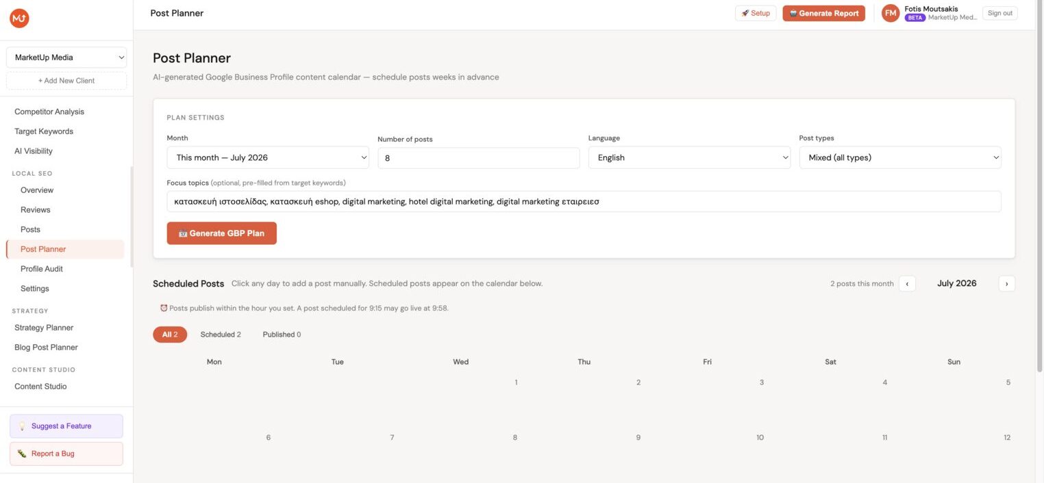 Local SEO post planner, AI-generated plan with images, and the scheduling calendar below