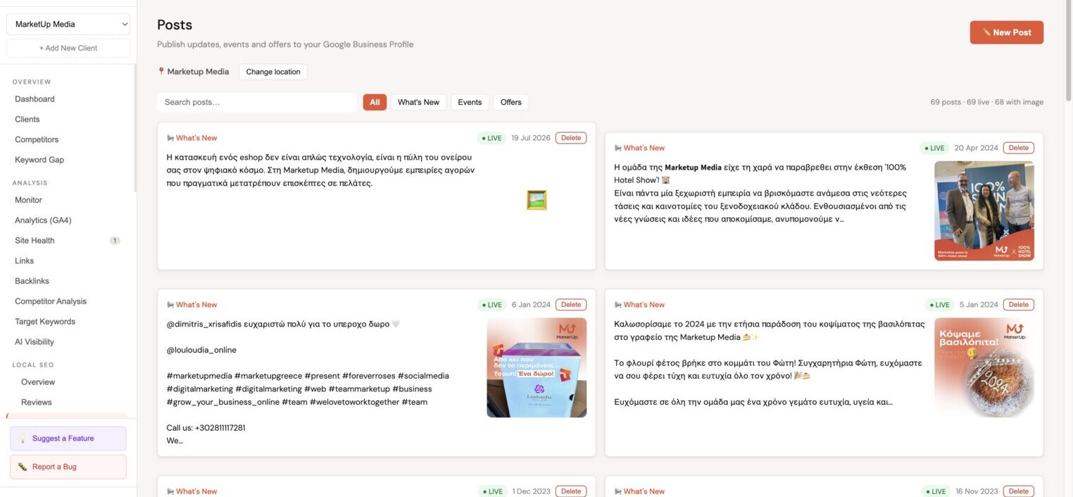 Local SEO posts, live GBP posts grid with type labels, images, and publish dates