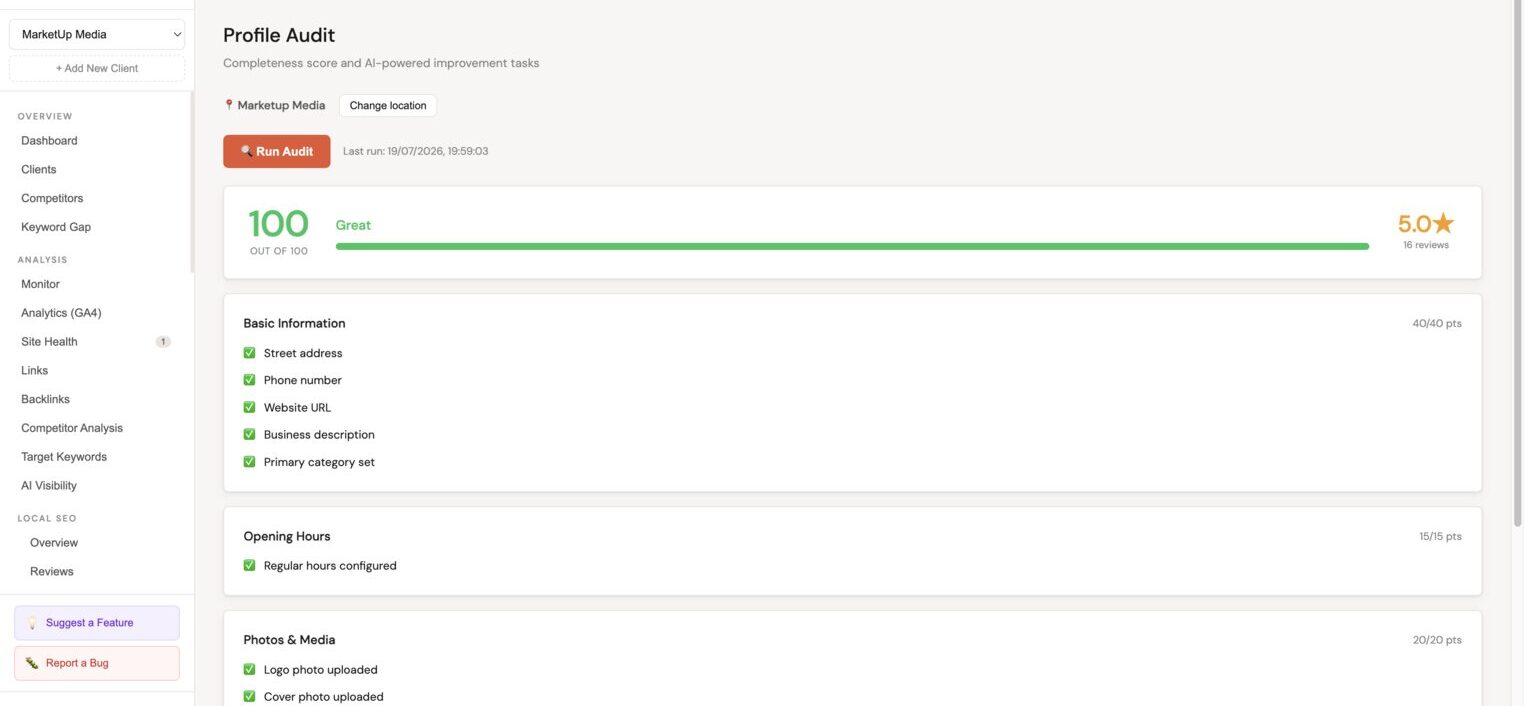 Local SEO profile audit, score 93/100 with per-section breakdown and fix buttons