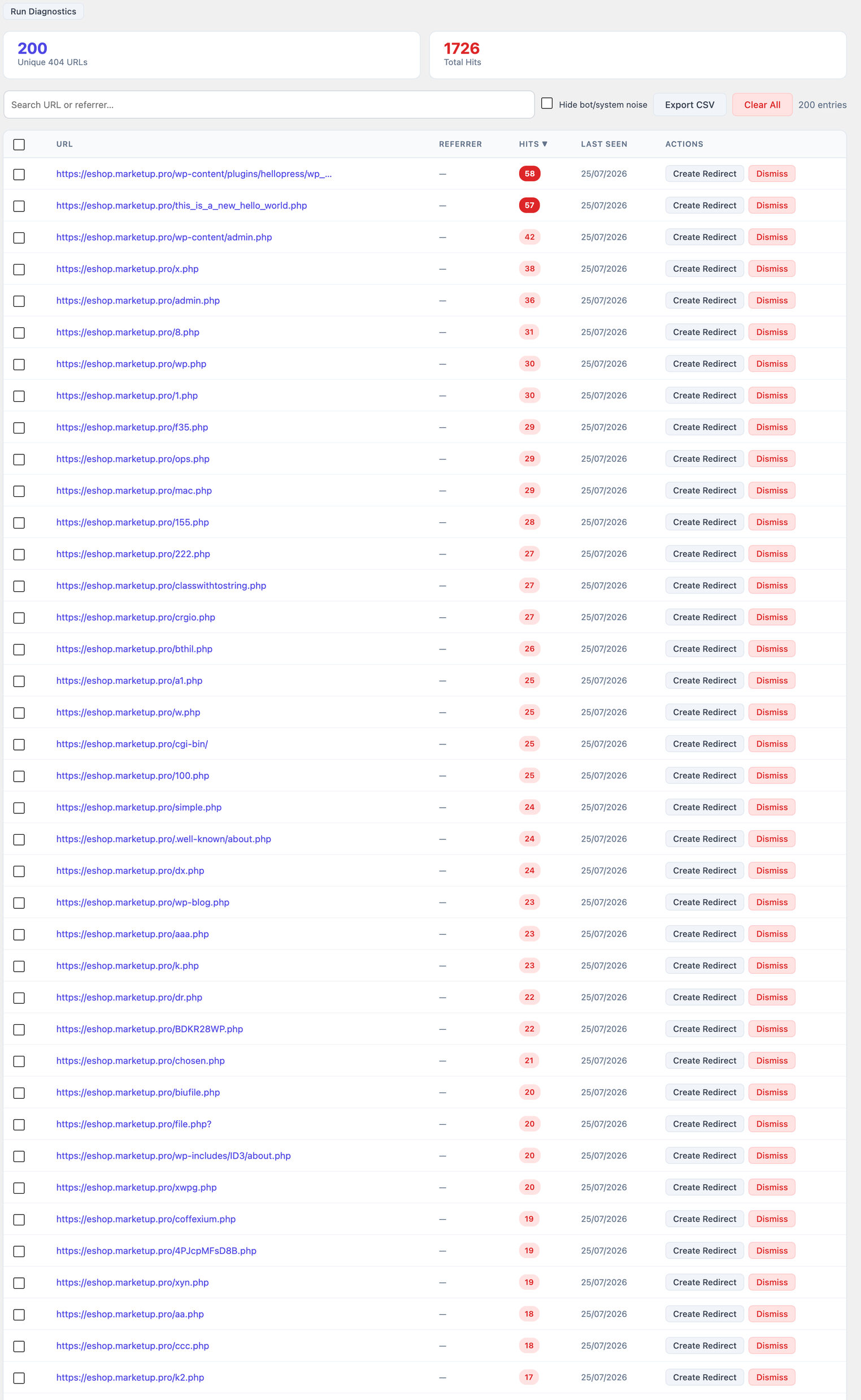Minorank SEO 404 Monitor showing stat cards, search bar, sortable table with hit counts and referrers, and Create Redirect / Dismiss actions