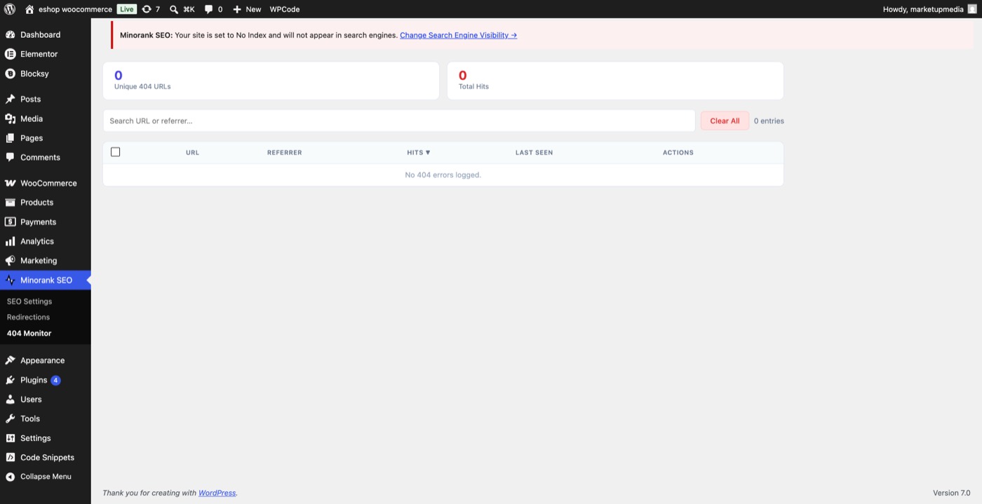 Minorank SEO 404 Monitor showing stat cards, search bar, sortable table with hit counts and referrers, and Create Redirect / Dismiss actions