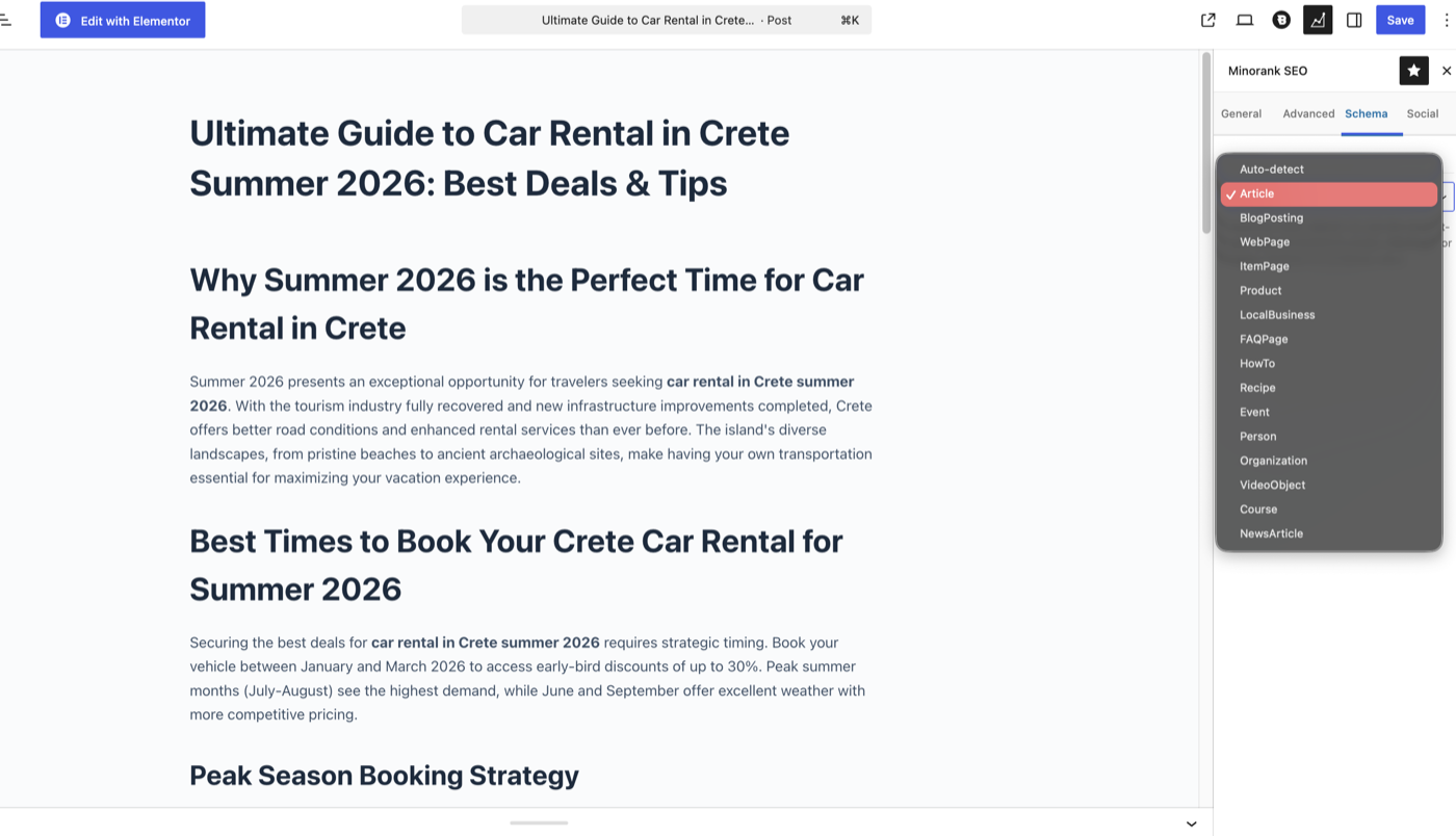 Minorank SEO General tab showing SERP preview, SEO title input with character counter, meta description textarea, focus keywords with color-coded chips, and SEO score gauge