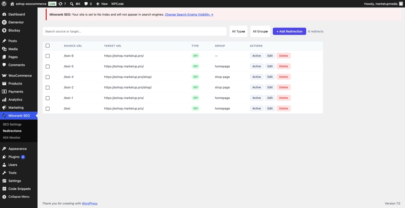 Minorank SEO Redirections page showing search bar, filter dropdowns, redirect table with type badges, and Active/Edit/Delete actions