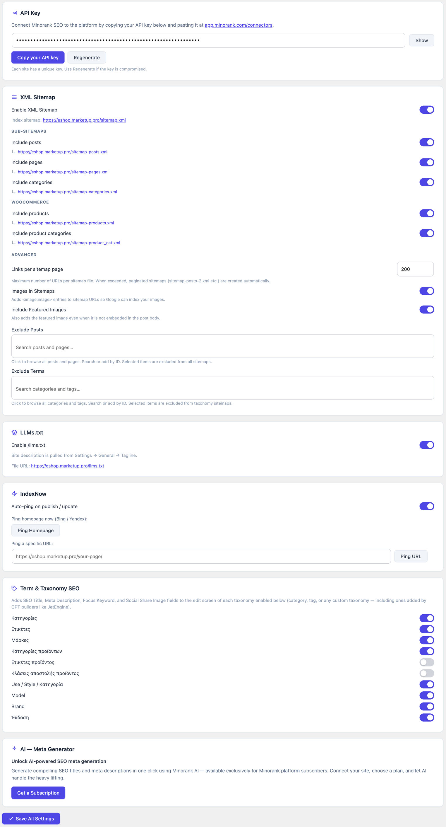 Minorank SEO Settings page showing API key section, XML sitemap toggles, IndexNow settings, Schema section, and Local Business fields