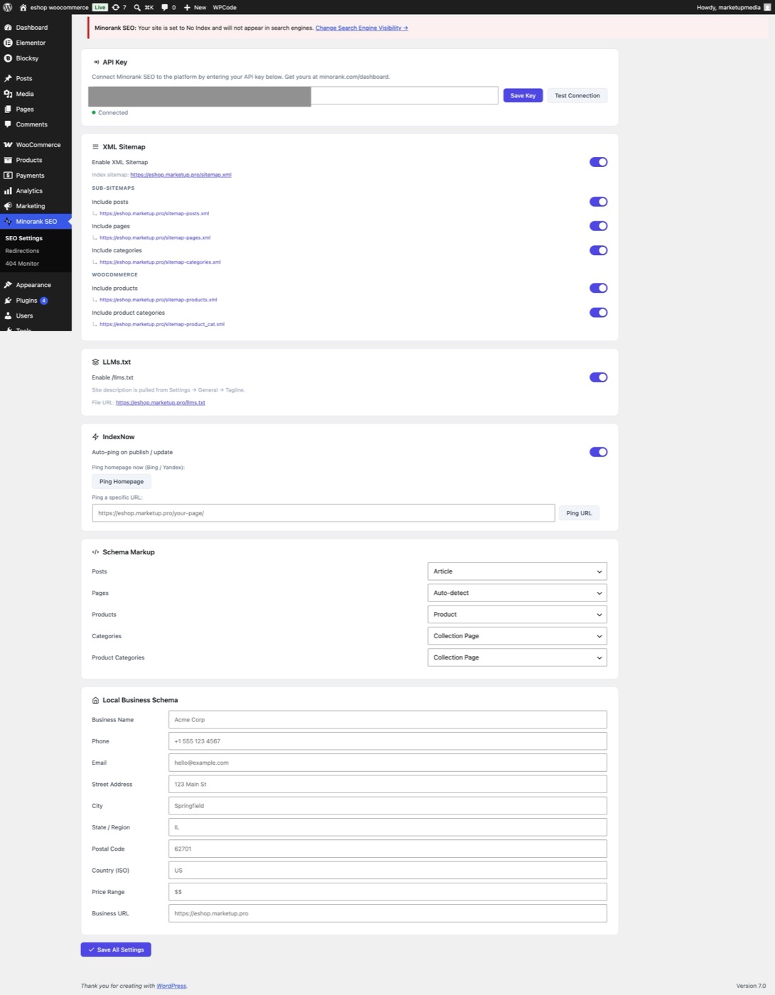 Minorank SEO Settings page showing API key section, XML sitemap toggles, IndexNow settings, Schema section, and Local Business fields