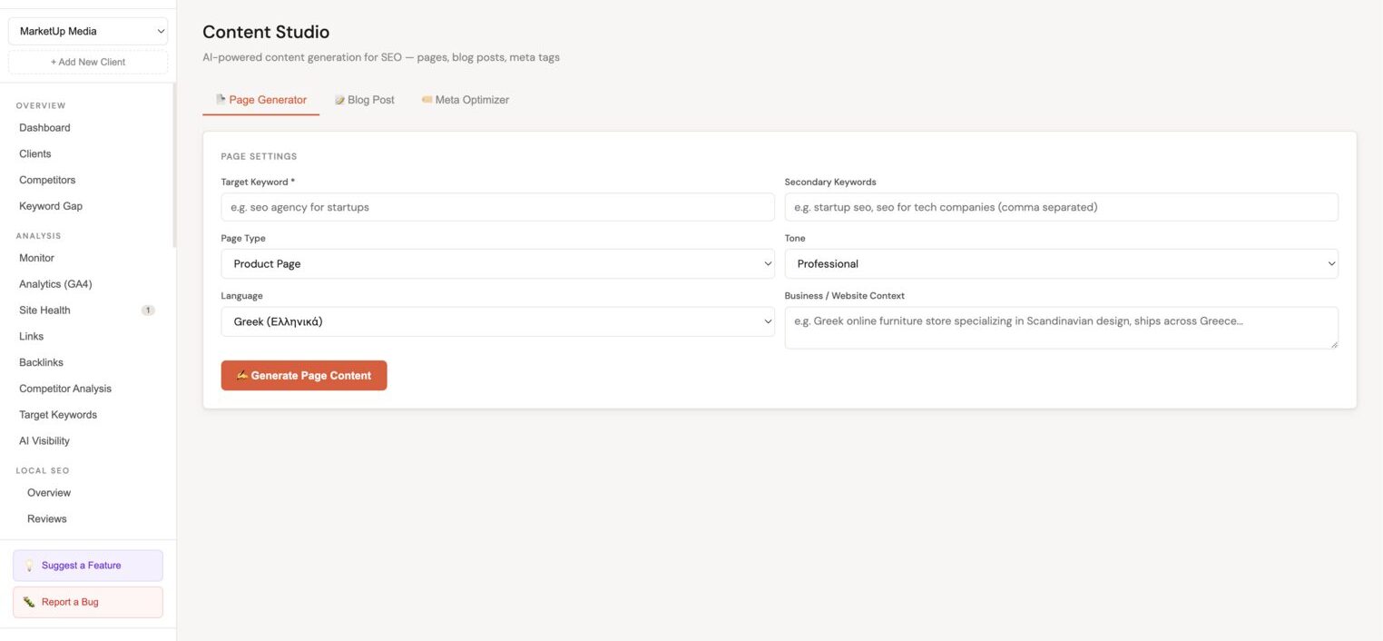 SEO Brief modal showing suggested H1, secondary keywords with search volumes, H2 outline, word count, internal links, and SEO notes