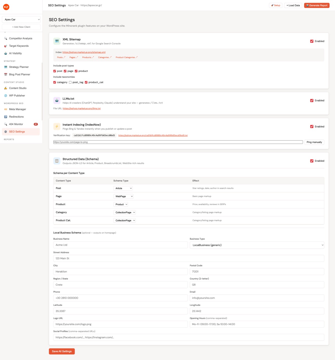 SEO Settings view showing API key, XML sitemap toggles, LLMs.txt, IndexNow, and Schema configuration