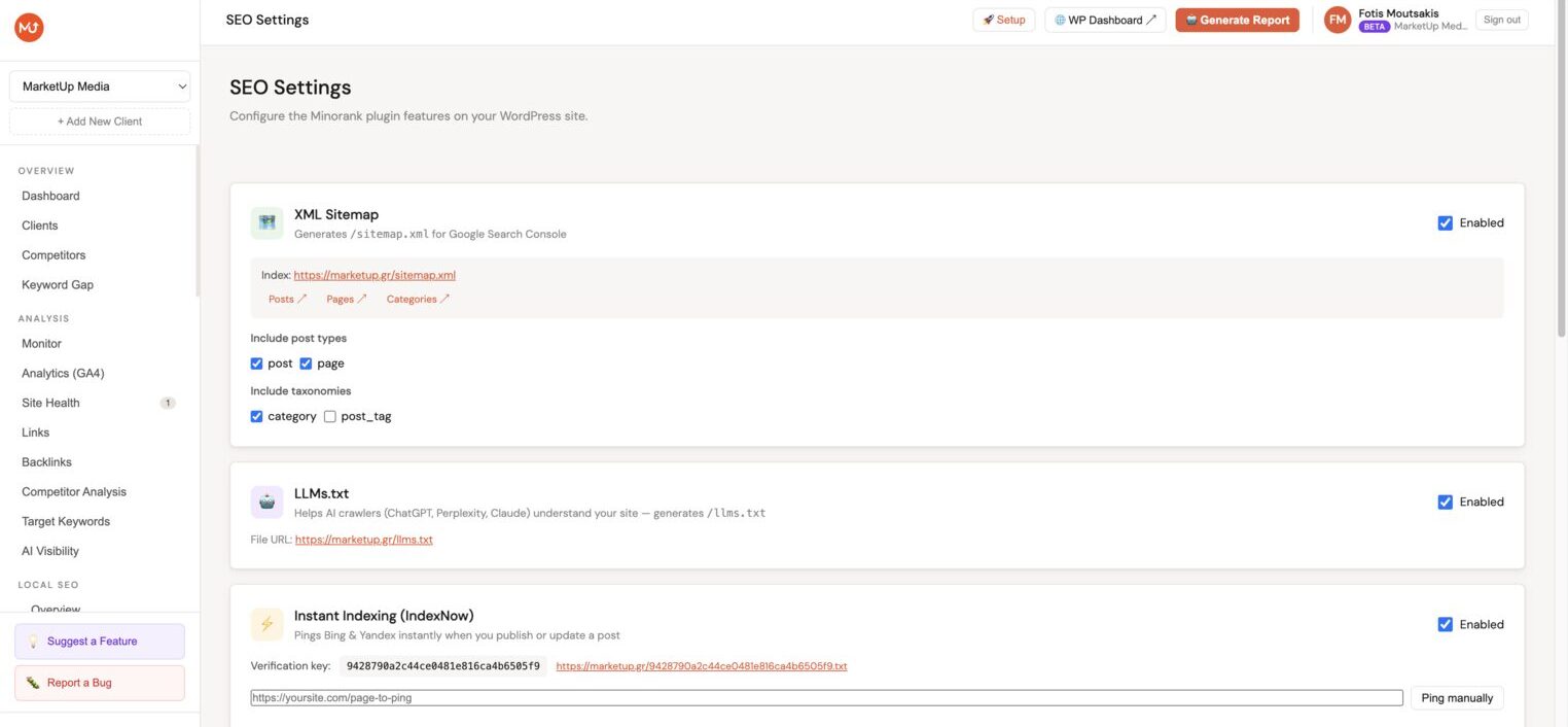 SEO Settings view showing API key, XML sitemap toggles, LLMs.txt, IndexNow, and Schema configuration