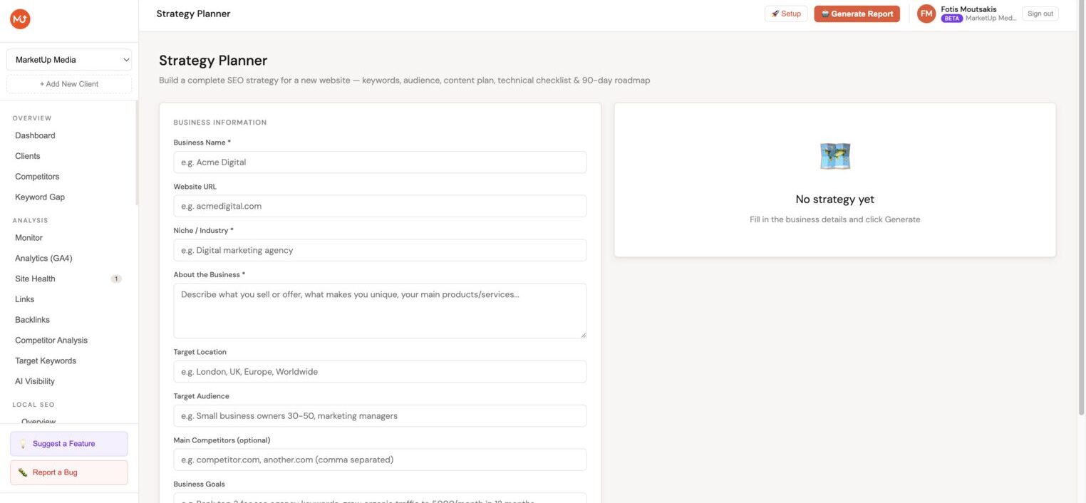 Strategy planner showing keyword clusters, target audience personas, content plan, and 90-day action plan phases
