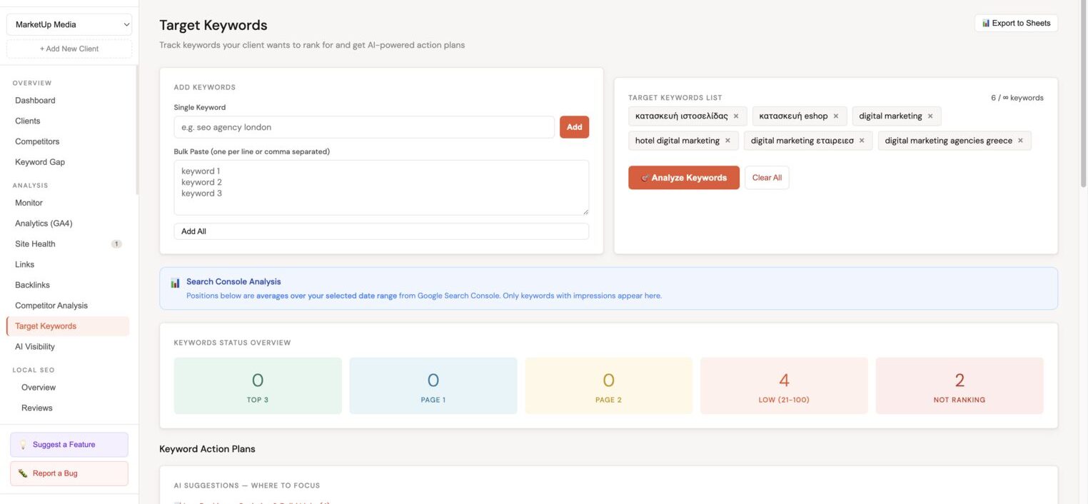 Target keywords dashboard showing live SERP rank check, AI Keyword Action Plan grouped into Low Ranking and Not Ranking, and Position History table