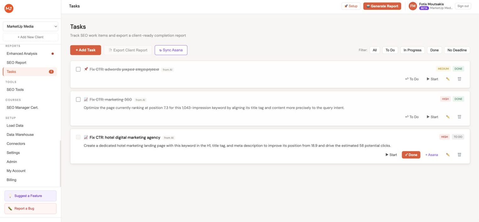 Tasks dashboard showing task list with filters, status badges, and Asana push buttons