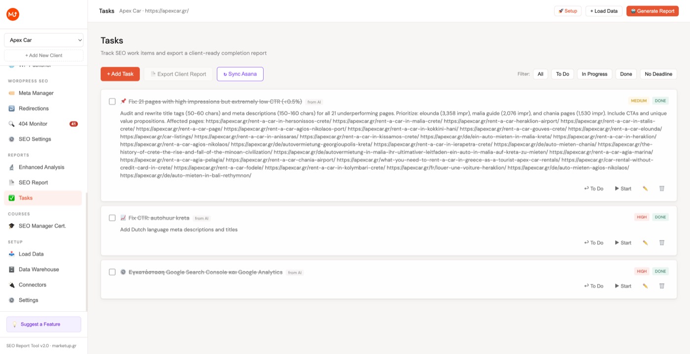 Tasks dashboard showing task list with filters, status badges, and Asana push buttons