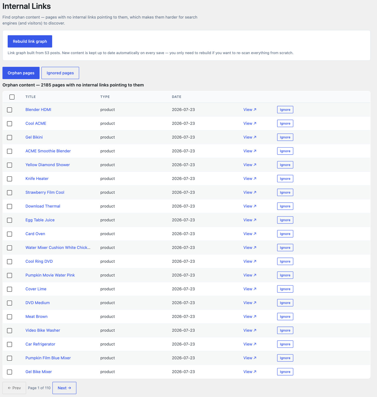 Internal Links orphan content report