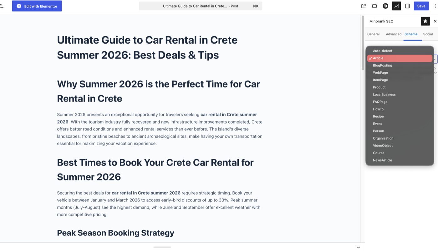 Minorank SEO meta box in WordPress editor