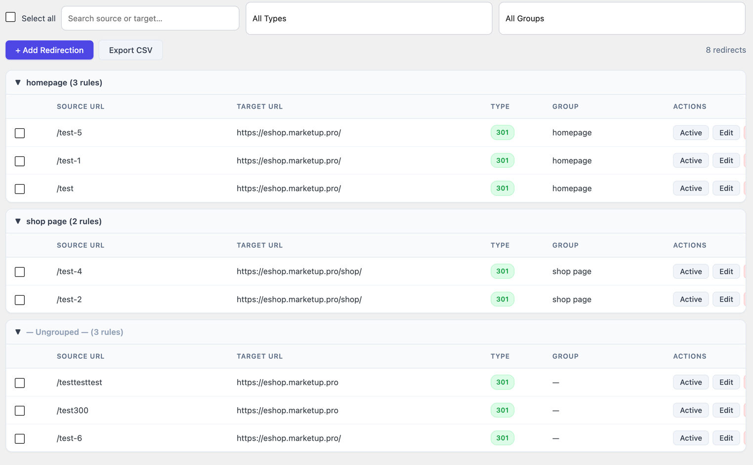 Redirections manager with groups in Minorank plugin