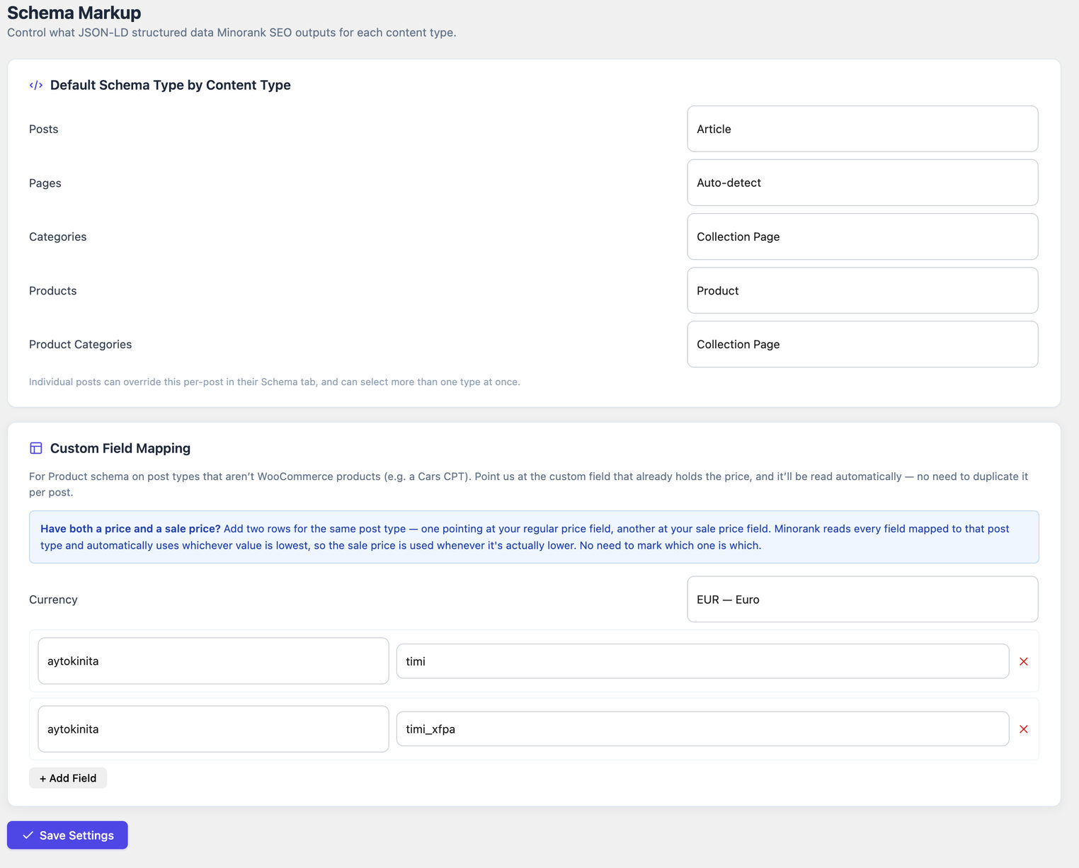 Schema Markup settings with Custom Field Mapping